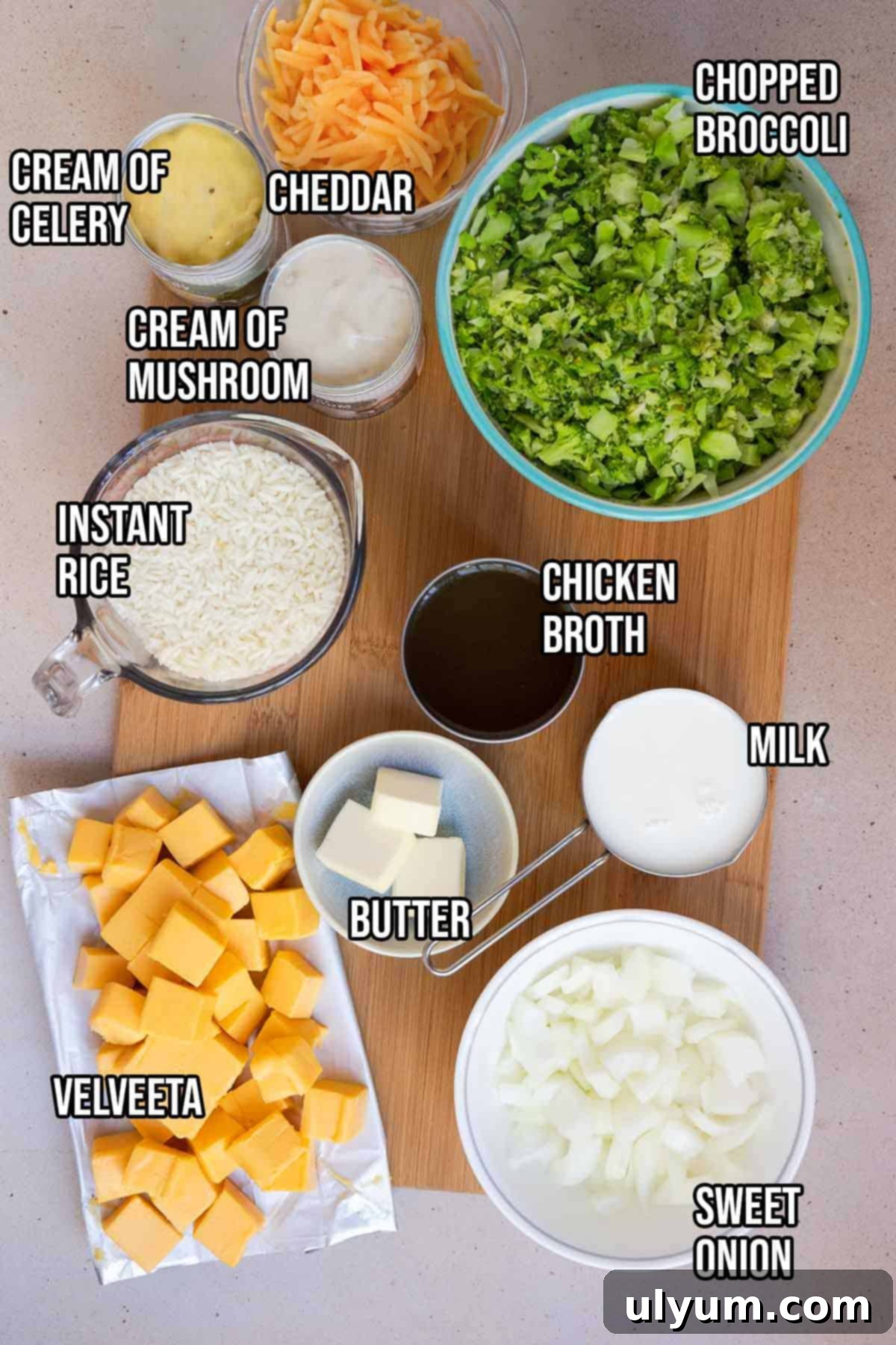 A flat lay of all the Crockpot Broccoli Rice Casserole ingredients: frozen chopped broccoli, instant rice, sweet onion, Velveeta, cream of mushroom soup, cream of celery soup, low sodium chicken broth, whole milk, unsalted butter, and shredded cheddar.