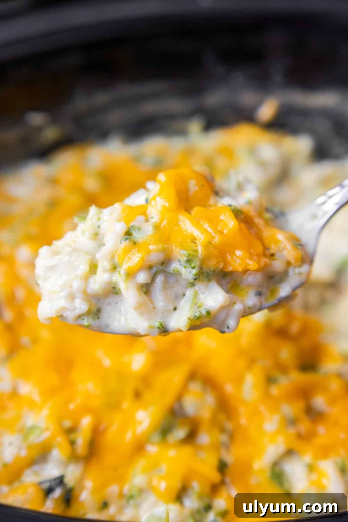 A spoonful of Crockpot Broccoli Rice Casserole showing its rich, creamy consistency and tender broccoli pieces.