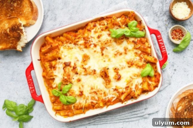Baked Ziti with Ground Chicken, served in a dish.