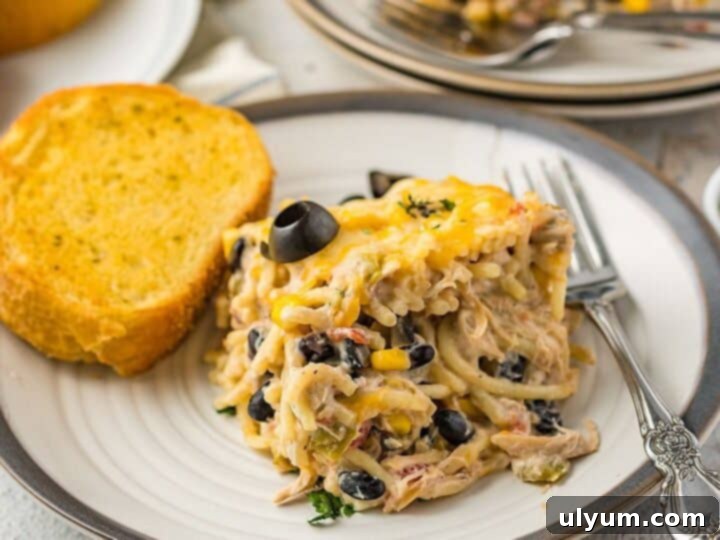 Fiesta Chicken Pasta Casserole Bake with corn and black beans.