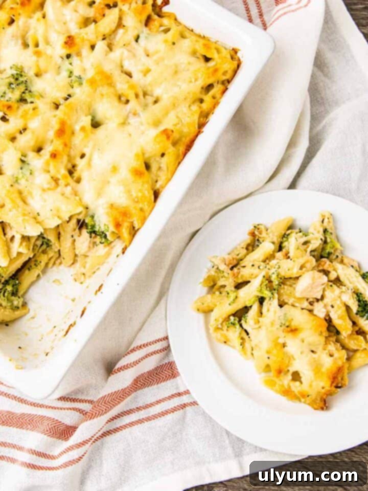 Baked Chicken and Broccoli Pasta in a casserole dish.