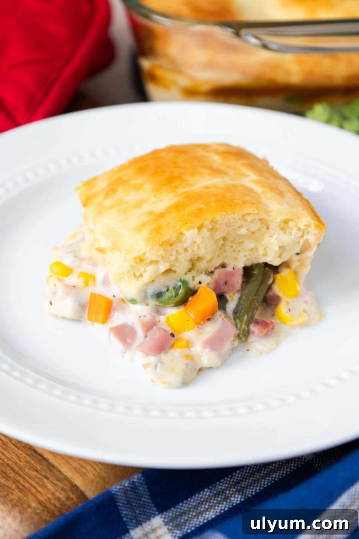 Ham and Vegetable Casserole with a Golden Bisquick Layer on Top, ready to serve in a baking dish.
