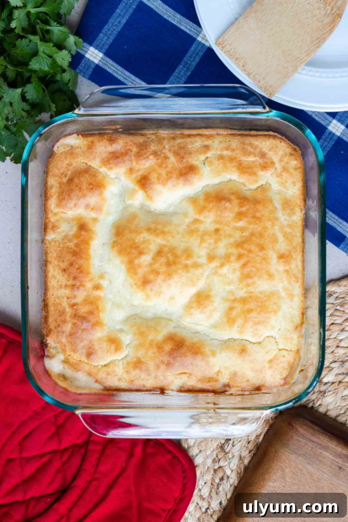 The ham and vegetable Bisquick casserole is baked until golden brown and puffed up, straight out of the oven.