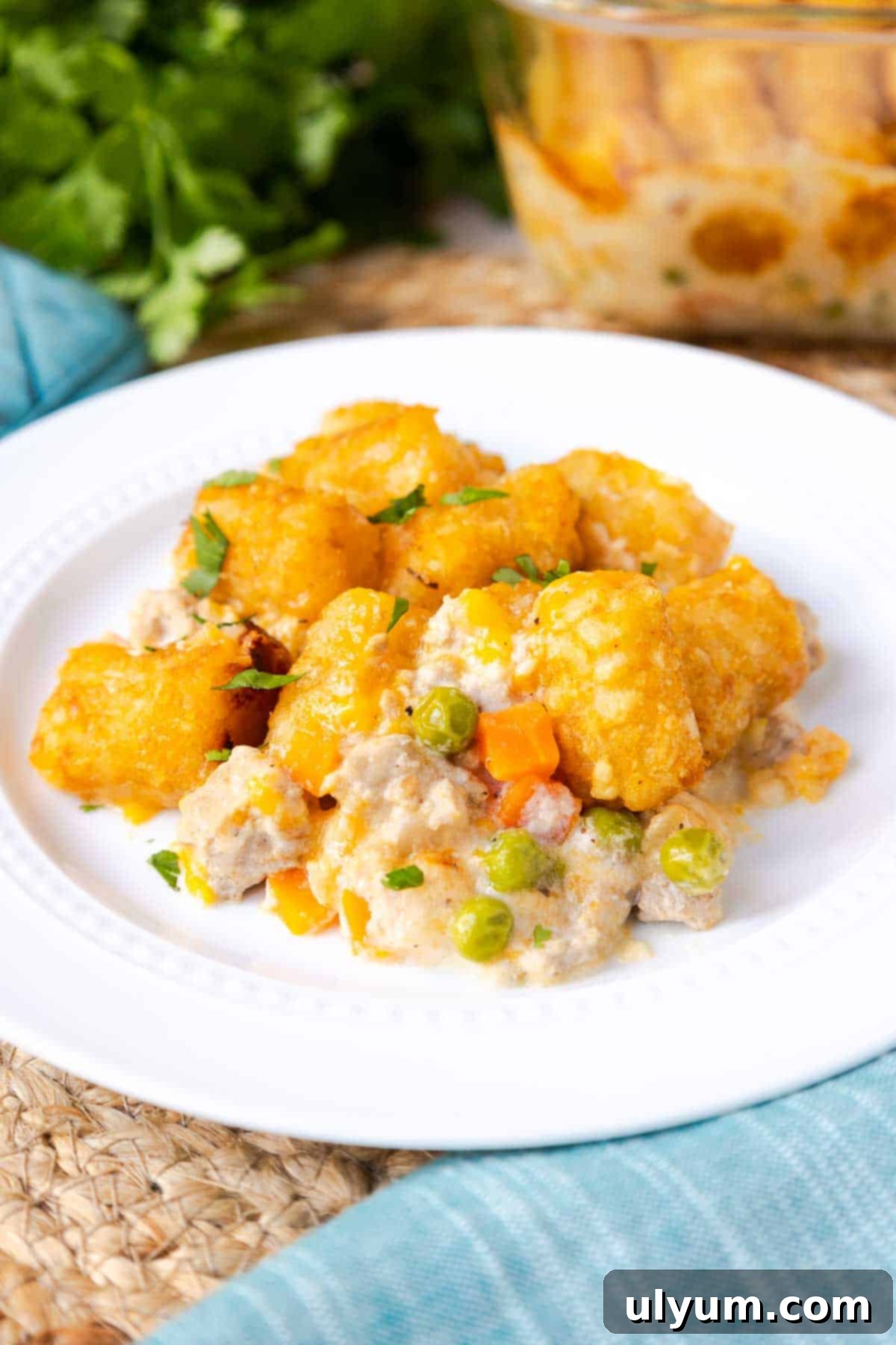 Tater Tot Casserole with ground turkey, peas, and carrots in a creamy sauce.