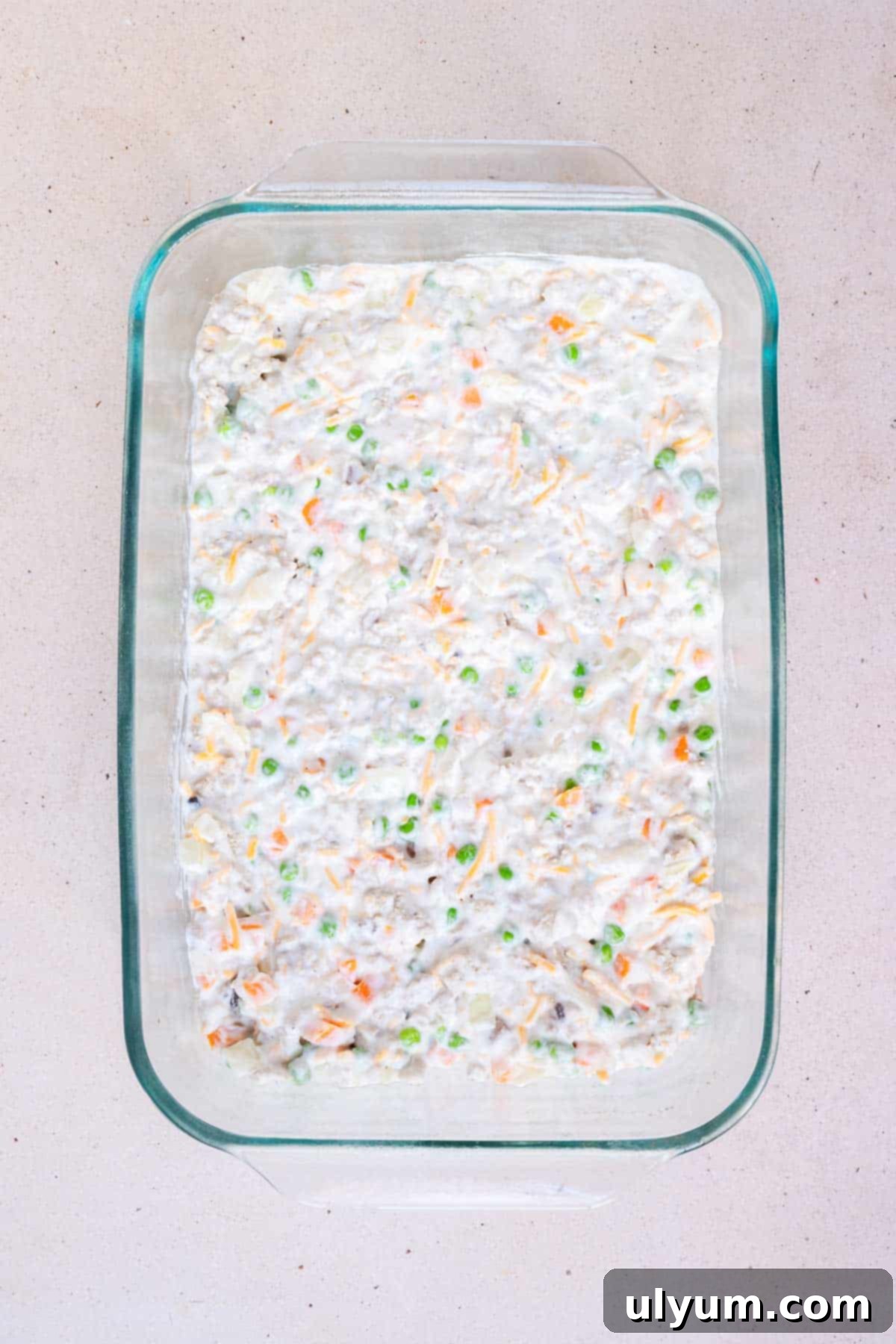 The turkey mixture is spread evenly into the bottom of a 9 by 13 inch casserole dish.