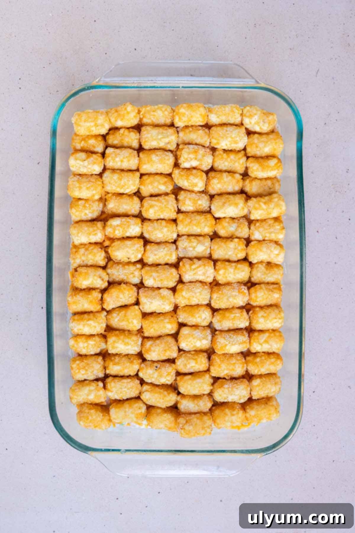 Tater tots are placed on their side in a single layer to cover as much room as possible.
