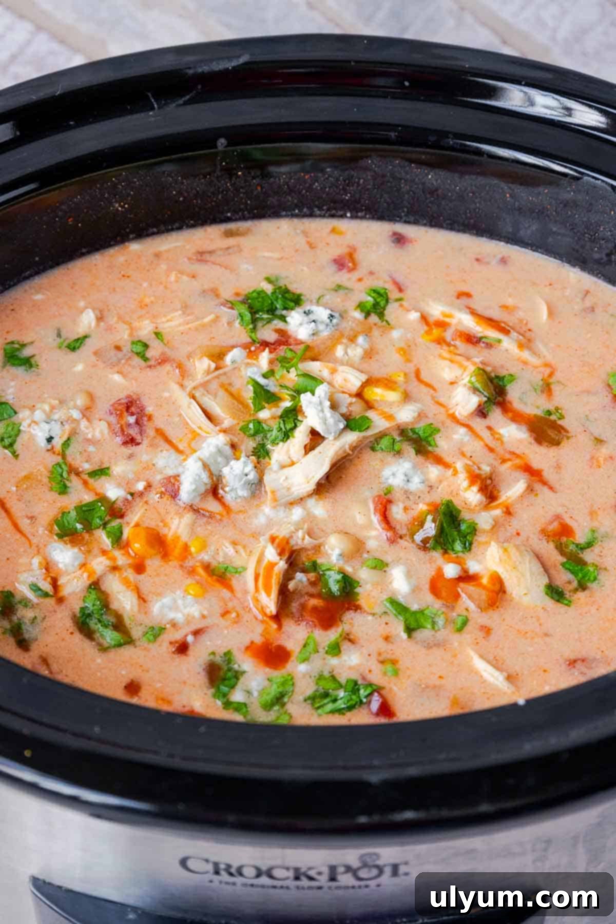 Buffalo chicken chili garnished with fresh cilantro and blue cheese.