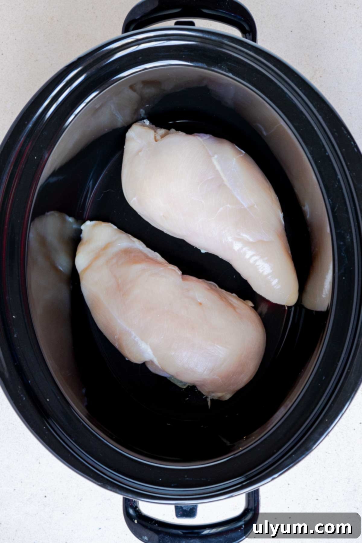 Raw chicken breasts are placed in the bottom of the slow cooker.