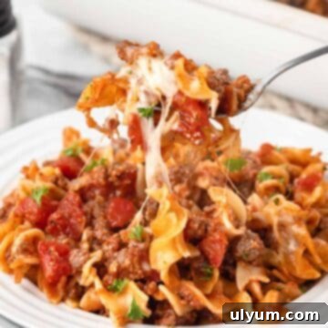 Ground beef noodle casserole with mozzarella cheese, served in a dish.