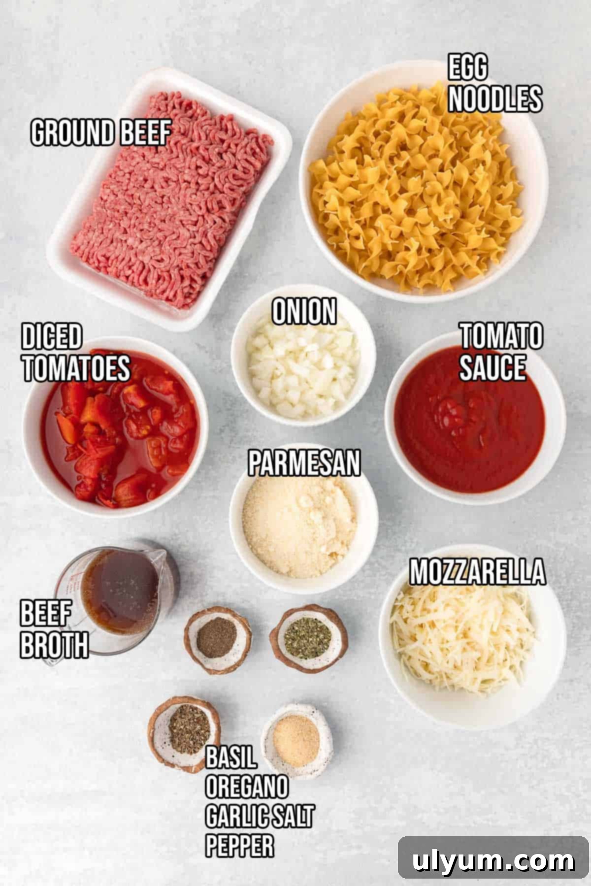 Ground beef noodle casserole ingredients: ground beef, egg noodles, diced toamtoes, onion, tomato sauce, parmesan, mozzarella, beef broth, basil, oregano garlic salt, black pepper laid out on a wooden surface.
