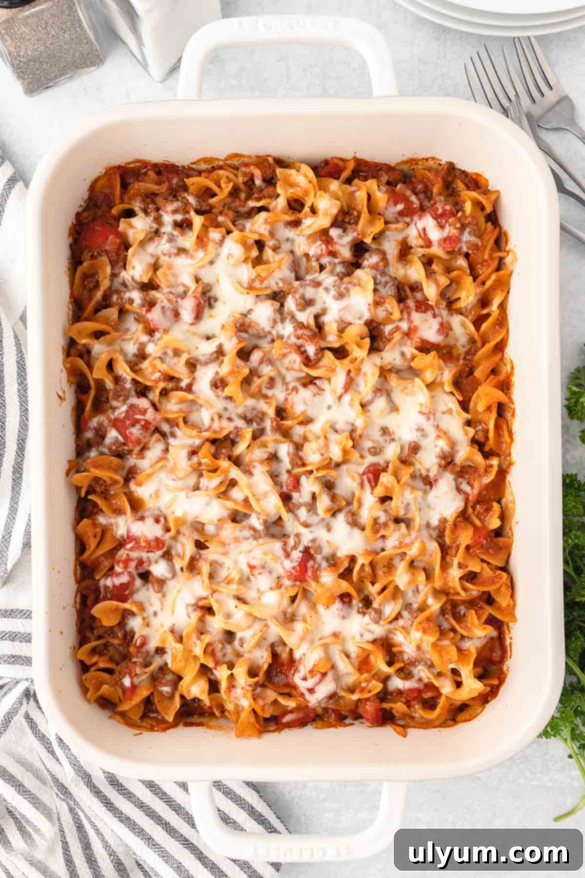 Baked ground beef noodle casserole with a layer of perfectly melted and lightly browned mozzarella on top.