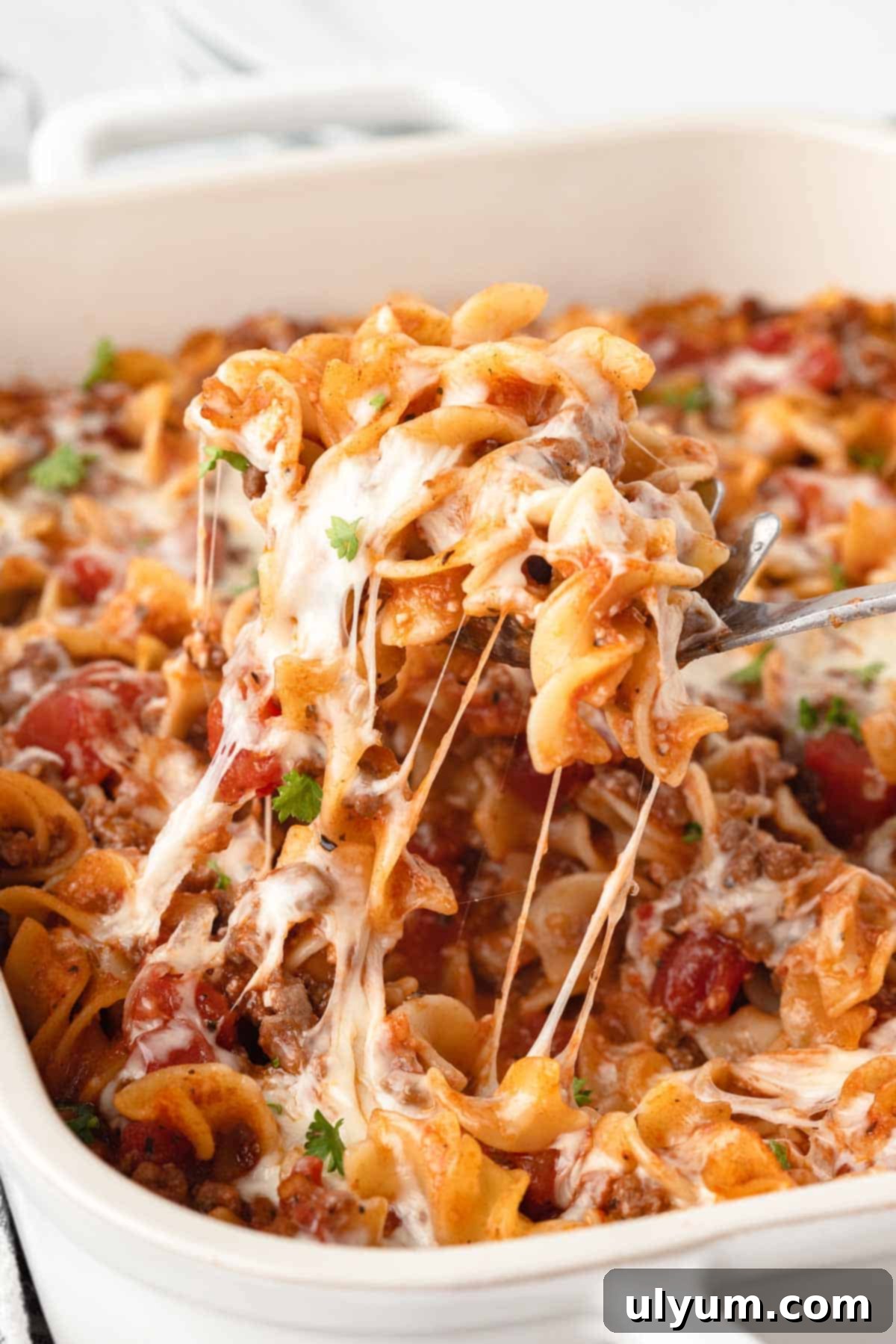 Ground beef noodle casserole topped with a generous layer of melted mozzarella cheese, ready to be served.