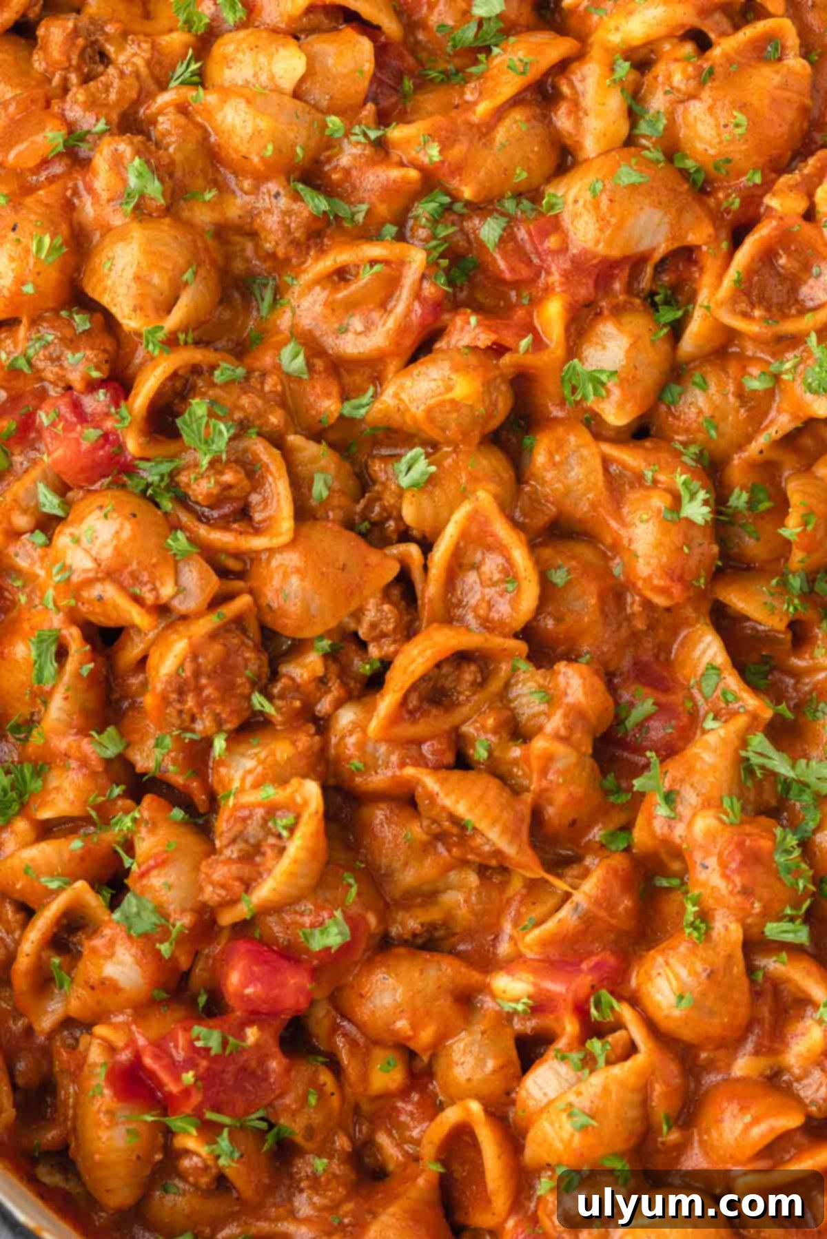 The Ultimate One-Pot Cheesy Taco Pasta 3 Taco pasta with shell pasta.