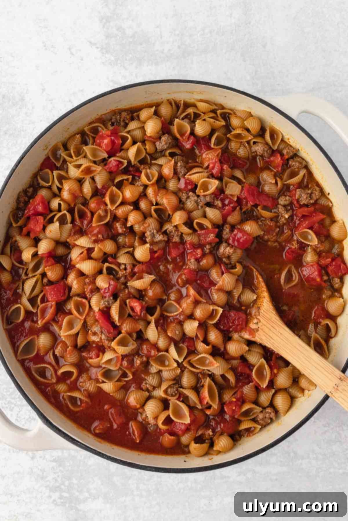 The Ultimate One-Pot Cheesy Taco Pasta 7 The uncooked pasta shells, chicken broth, tomato sauce, and Rotel are added to the large pot and stirred to combine.