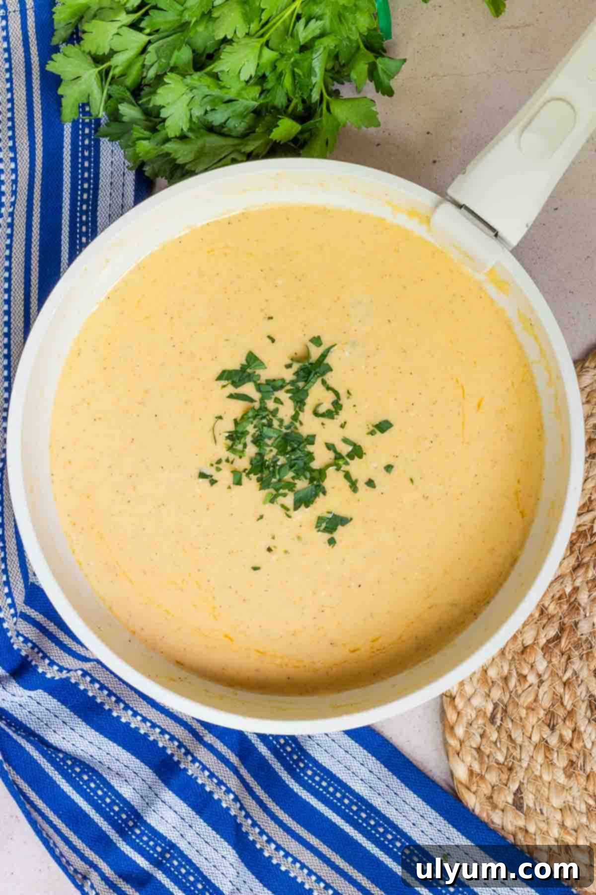 Cajun Alfredo sauce in a large skillet garnished with fresh parsley.