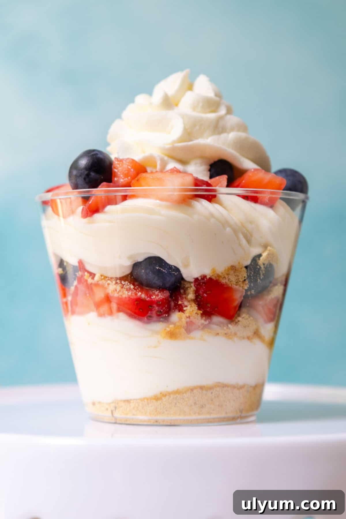A cheesecake dessert cup with a bottom layer of graham cracker crumbs, a layer of cheesecake filling, a layer of fresh berries, another layer of crumbs, another layer of filling, and another layer of berries, all topped with a swirl of whipped cream.