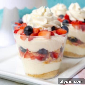 Layered no bake cheesecake cups with repeating layers of crust, cream cheese mixture, fresh blueberrie and diced strawberries, and whipped cream.