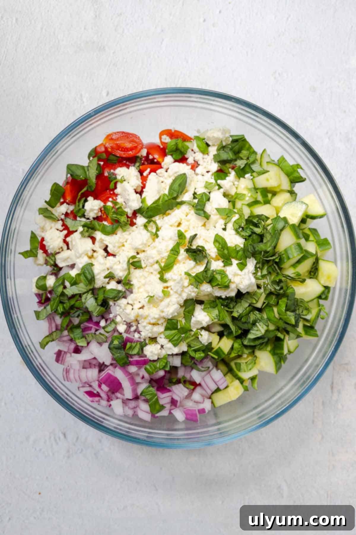 A large mixing bowl filled with cooked orzo, vibrant halved cherry tomatoes, crisp diced cucumbers, sharp diced red onion, creamy crumbled feta cheese, and fragrant chopped fresh basil, all ready to be tossed.