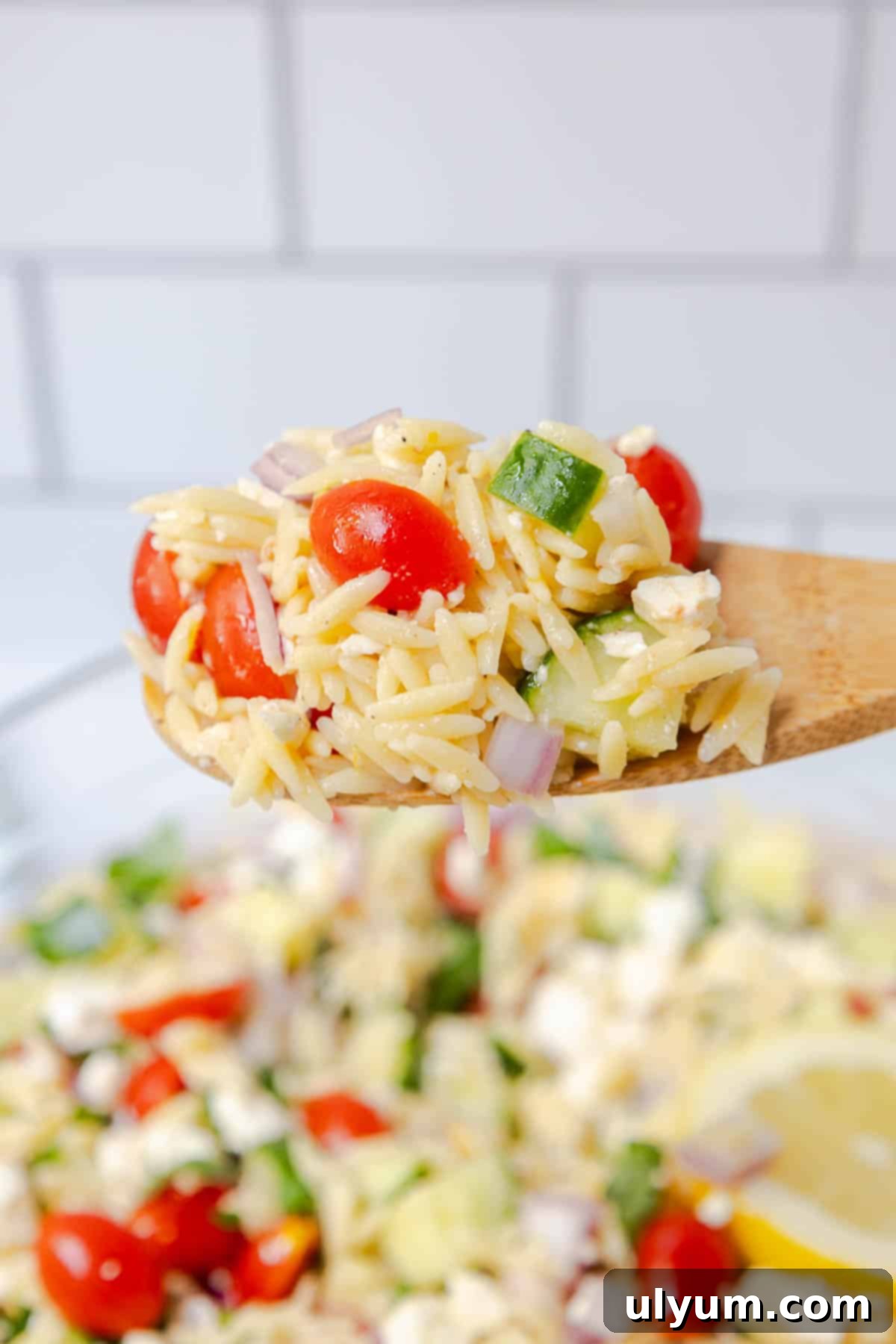 A wooden spoon lifting a scoop of Lemon Feta Orzo Salad, showcasing the colorful ingredients and the creamy feta cheese.