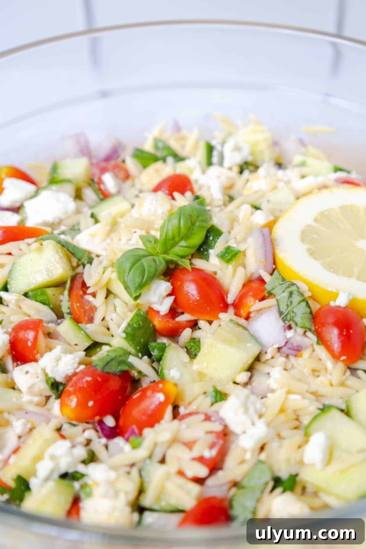 A beautifully presented Lemon Feta Orzo Salad in a large serving bowl, garnished with fresh basil leaves and a lemon wedge, ready to be enjoyed as a refreshing summer dish.