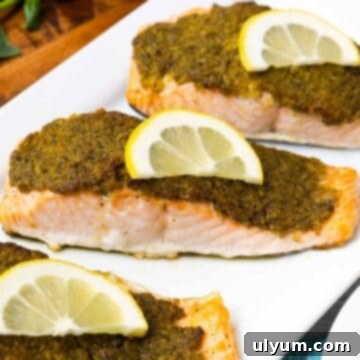 Salmon fillet topped with pesto layer and slice of lemon.