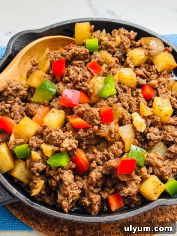 Ground Beef Stir-Fry in a pan with vegetables.
