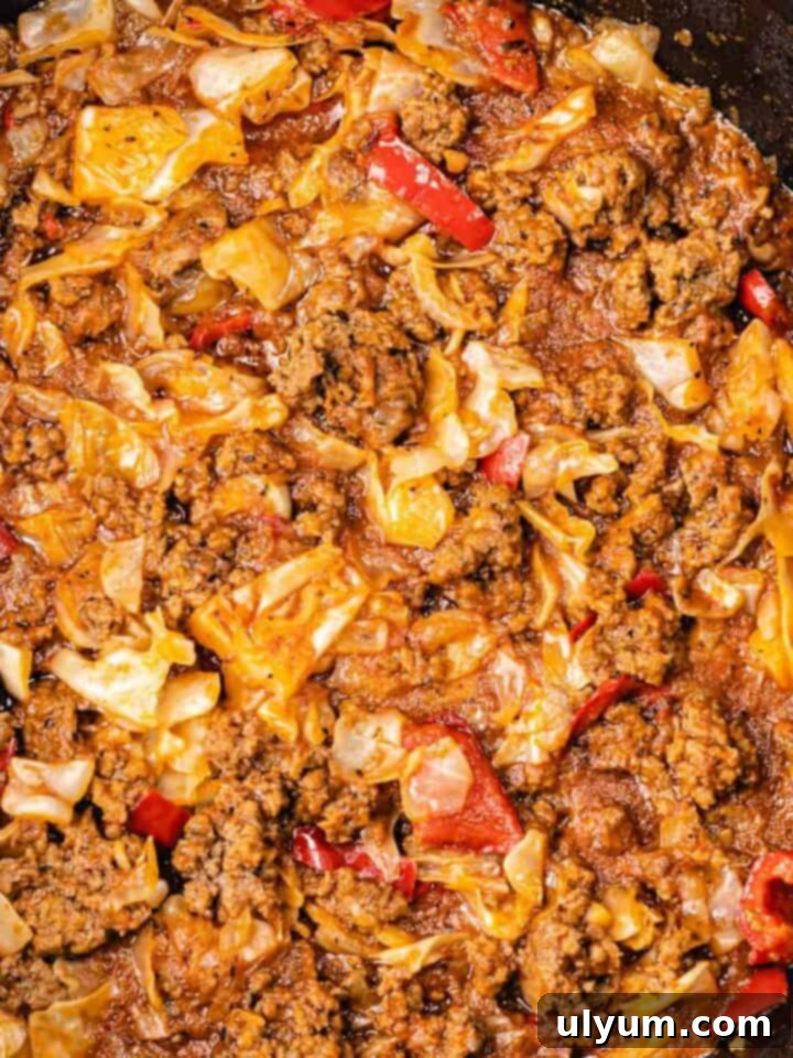 African Cabbage Stew with Ground Beef served in a bowl.