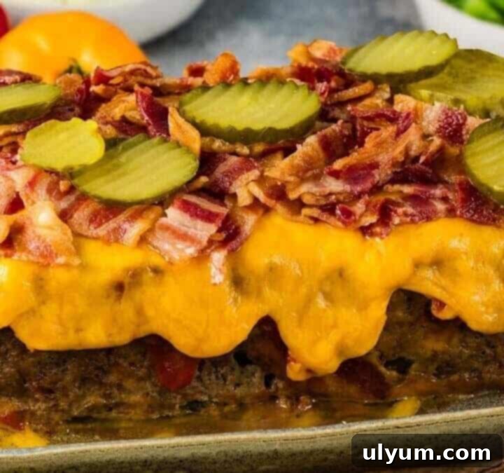 Cheeseburger Meatloaf sliced and topped with bacon.