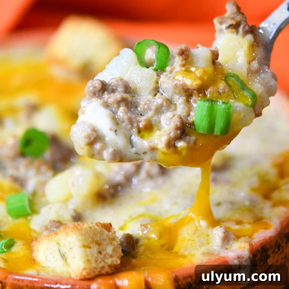 Cheeseburger Soup topped with cheese and bacon bits.