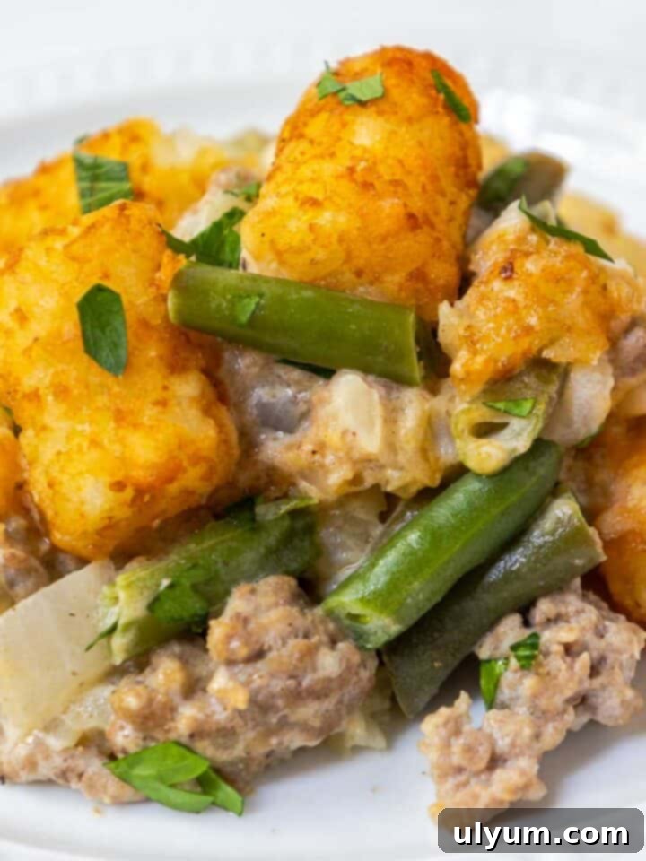Green bean tater tot casserole with ground beef and cheddar cheese.