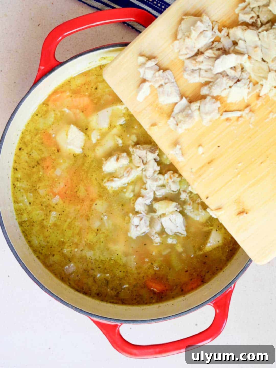 Diced chicken thighs are added back into the large soup pot.