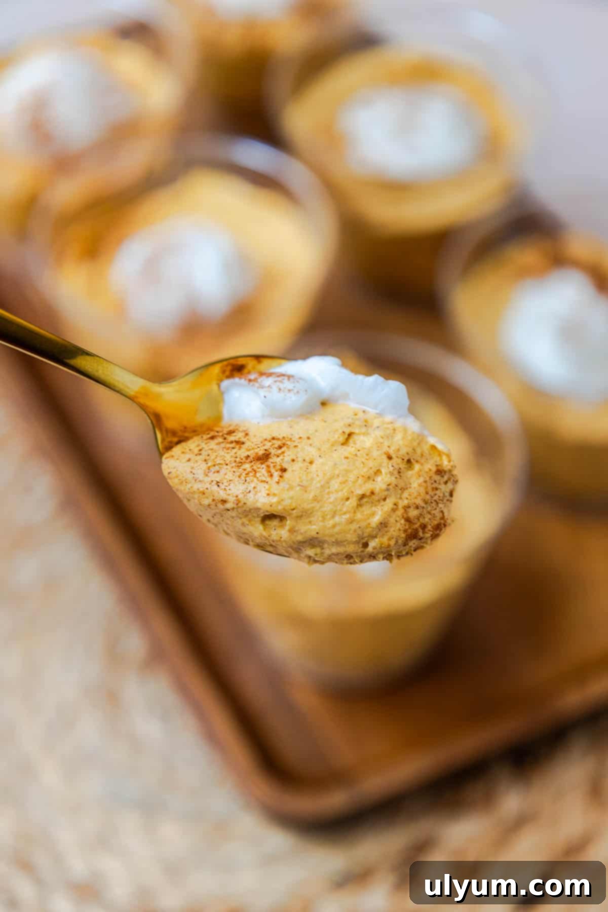 Spoonful of no bake pumpkin pie cups with a fluffy whipped pudding-like texture.