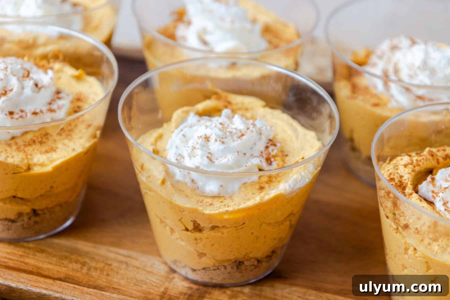 Six individual dessert cups filled with a graham cracker layer, a layer of pumpkin pie filling, and topped with whipped cream and a dash of cinnamon.