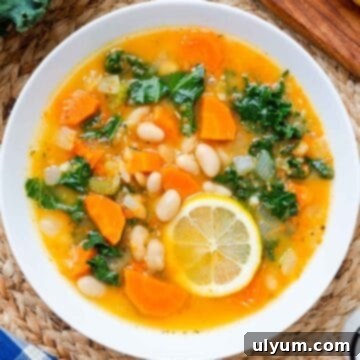 Lemony white bean soup with white beans, carrots, celery, onions, and torn kale in a small bowl.
