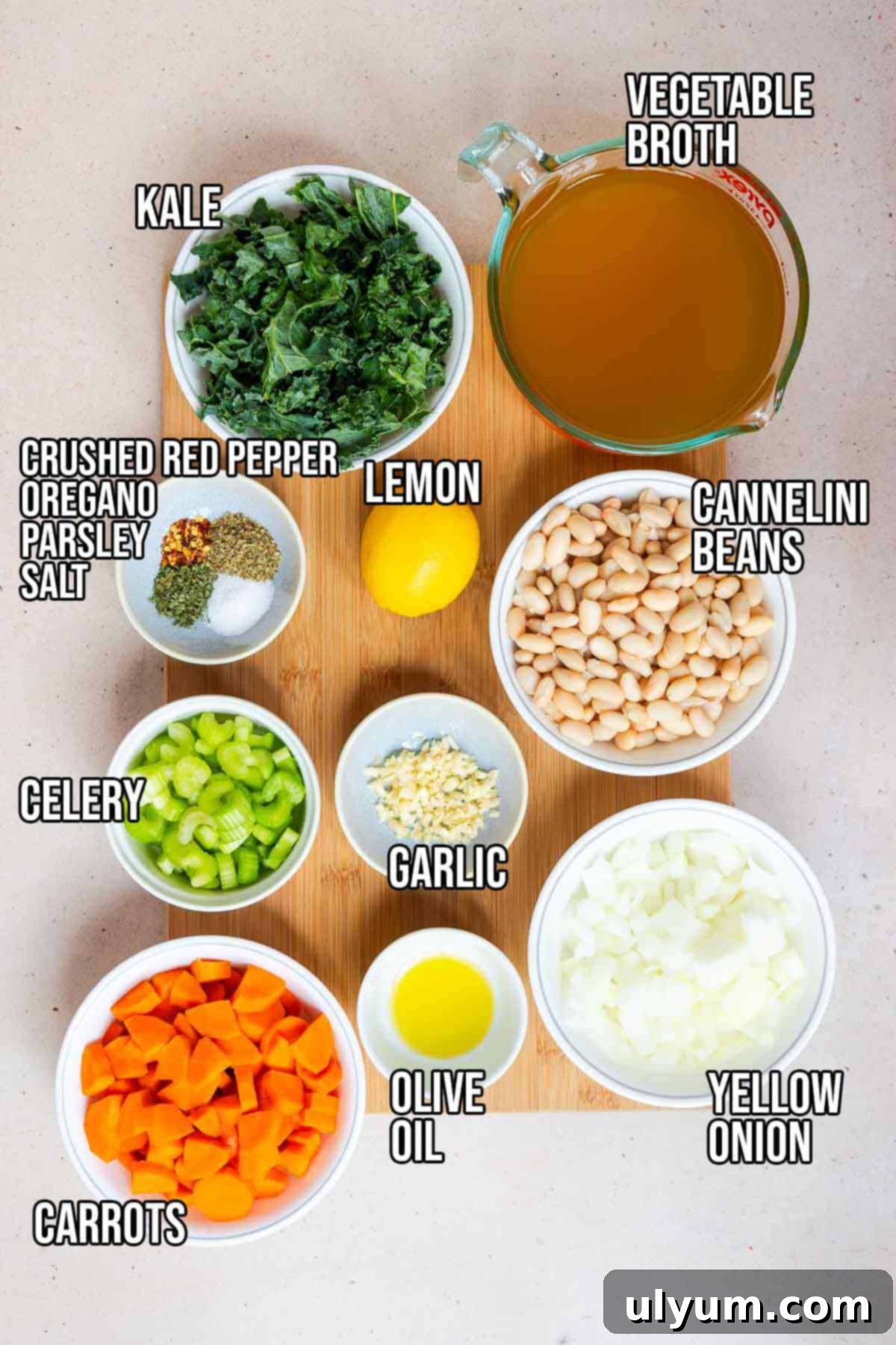 A flat lay of Lemony White Bean Soup ingredients: vegetable broth, fresh kale, cannellini beans, lemon, crushed red pepper, dried oregano, dried parsley, salt, chopped celery, minced garlic, diced yellow onion, and olive oil.