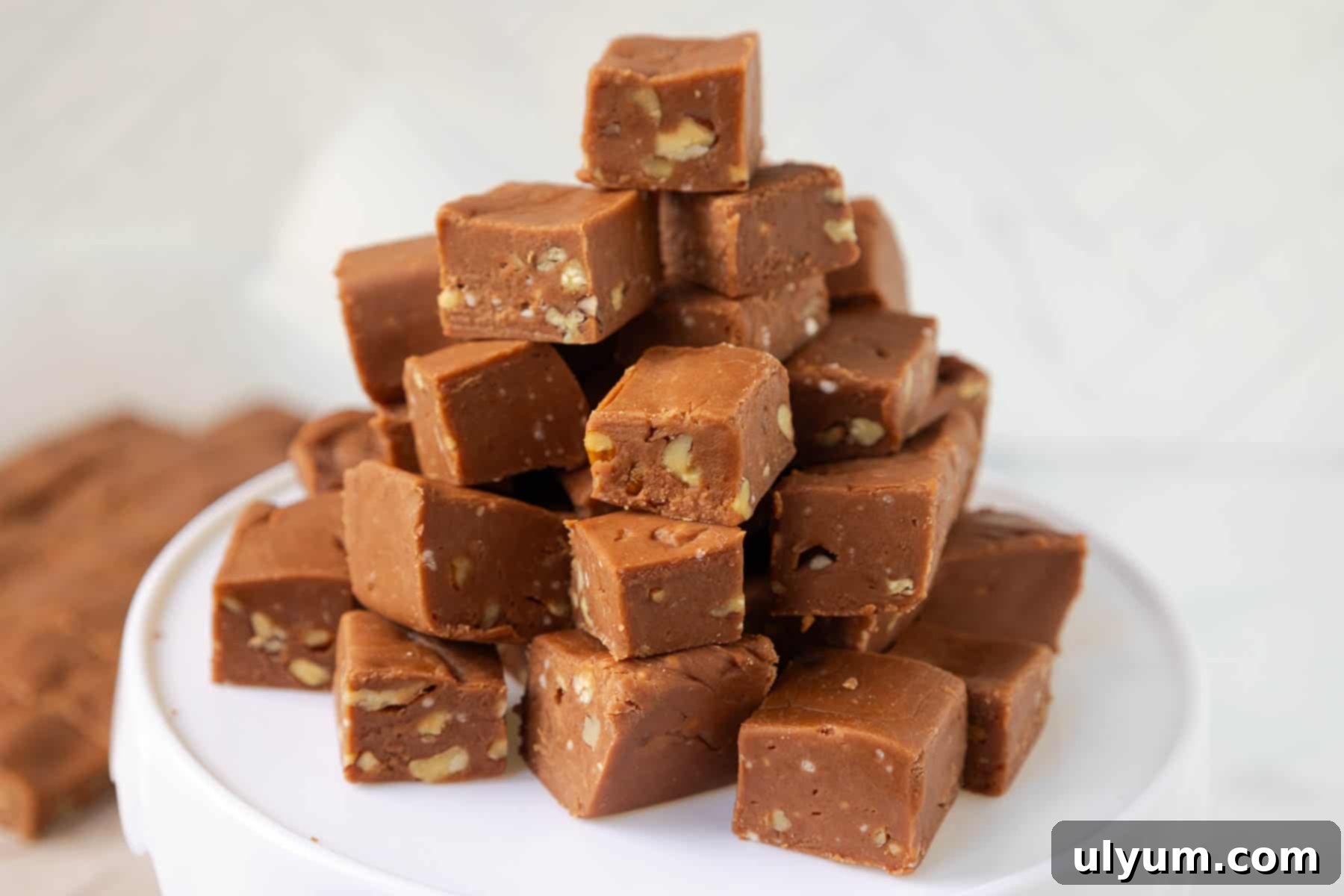 A close-up of several Velveeta fudge squares with pecans, neatly stacked on a small ceramic plate, highlighting their dark chocolate color and the visible pecan pieces.