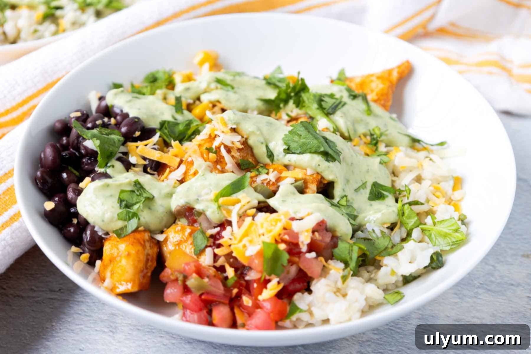 Southwest chicken rice bowls with pico de gallo, cilantro lime rice, black beans, corn, cheese, and avocado dressing