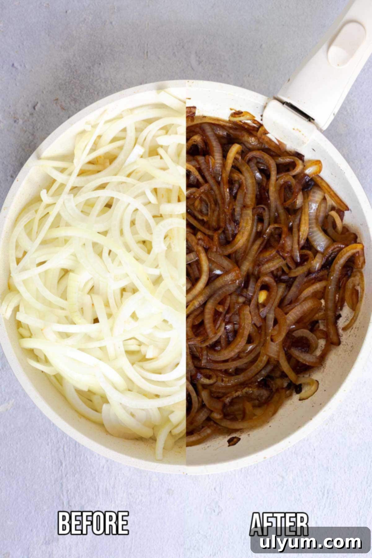 Savory French Onion Pork Chops 7 A white skillet showing onions raw on one side and caramelized on the other. Text on the image says 'BEFORE' and 'AFTER'.