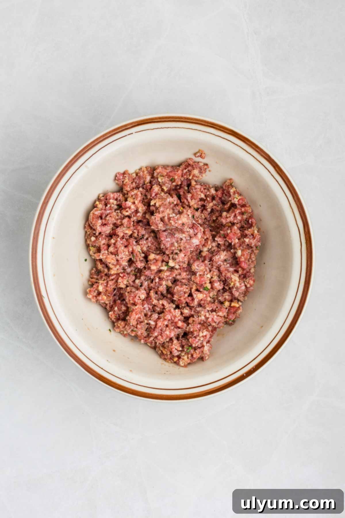 A bowl of raw meatball mixture with herbs and seasonings.