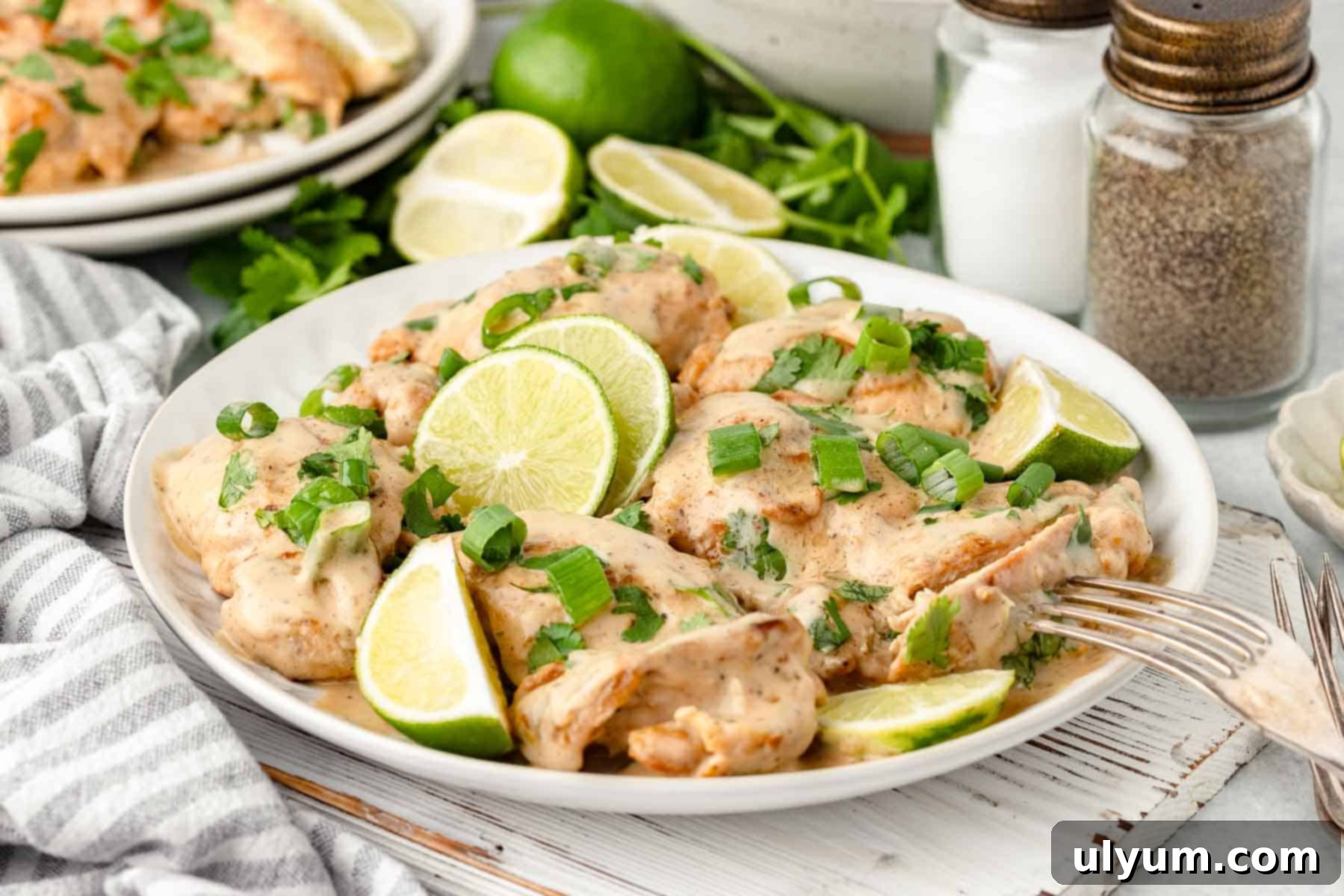 Easy One Pan Coconut Lime Chicken 13 A plate of chicken thighs in sauce with lime wedges, topped with green onions and cilantro.