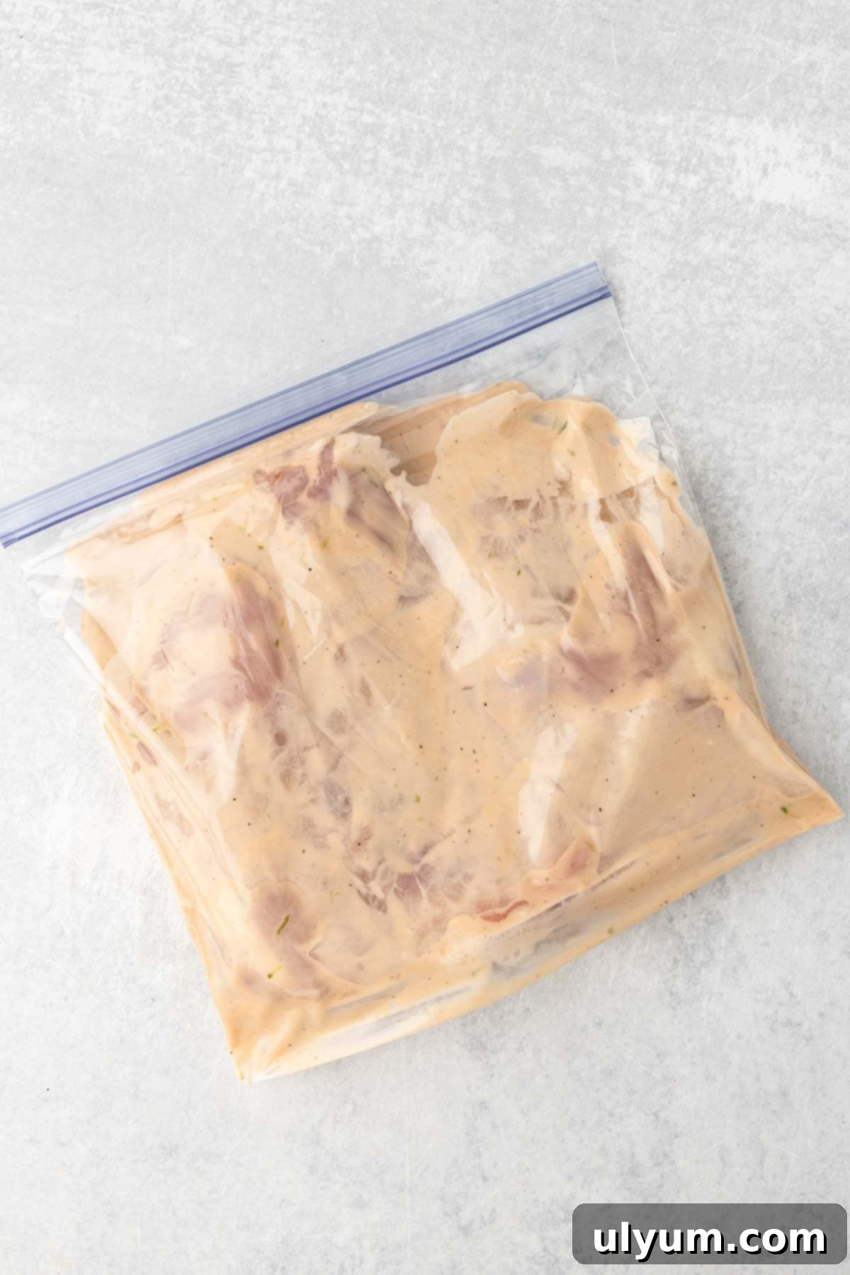 Easy One Pan Coconut Lime Chicken 5 Raw chicken in marinade inside a sealed plastic bag.