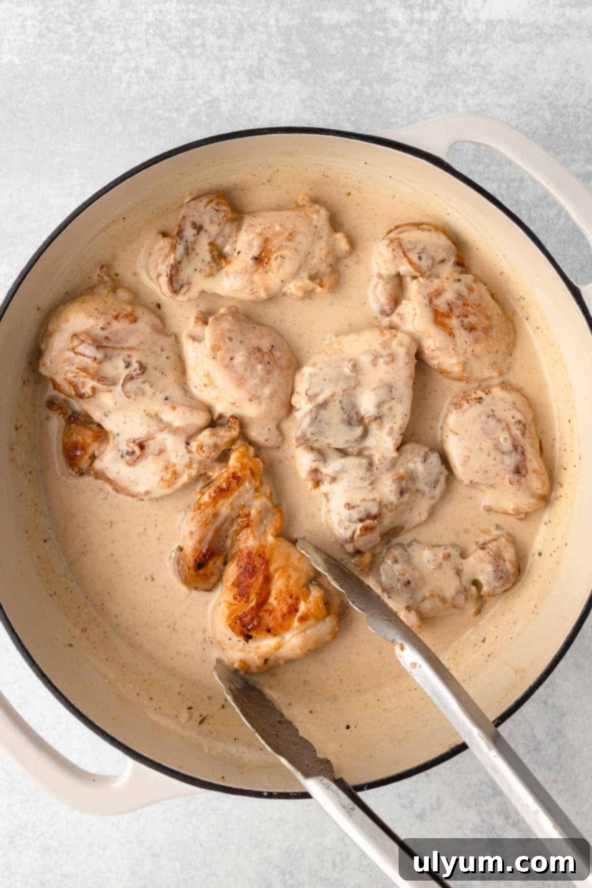 Easy One Pan Coconut Lime Chicken 9 Seared chicken thighs coated in creamy sauce in a pan.
