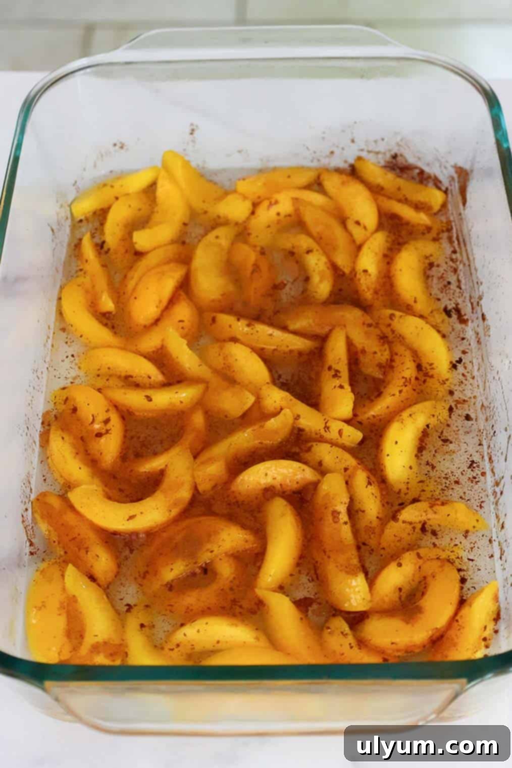 Sliced peaches in a baking dish sprinkled with cinnamon.