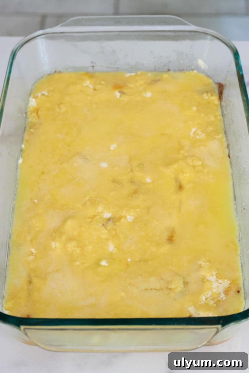Melted butter spread over the cake mix in a baking dish.