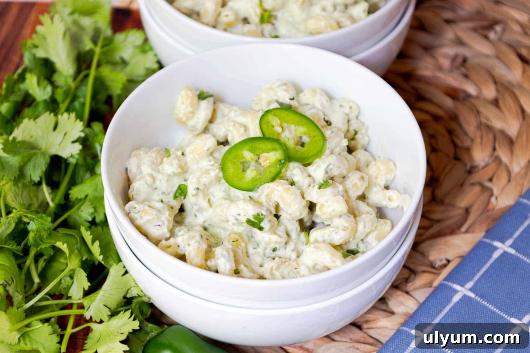 Spicy Creamy Jalapeño Ranch Pasta 14 Two bowls of creamy pasta topped with sliced jalapeños.