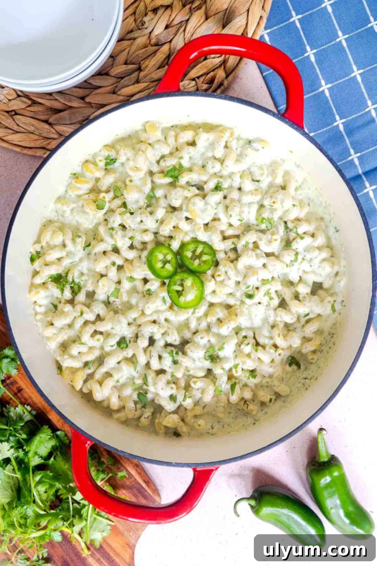 Spicy Creamy Jalapeño Ranch Pasta 10 Cooked jalapeño pasta in a pot coated in a creamy sauce, topped with sliced jalapeños and cilantro.