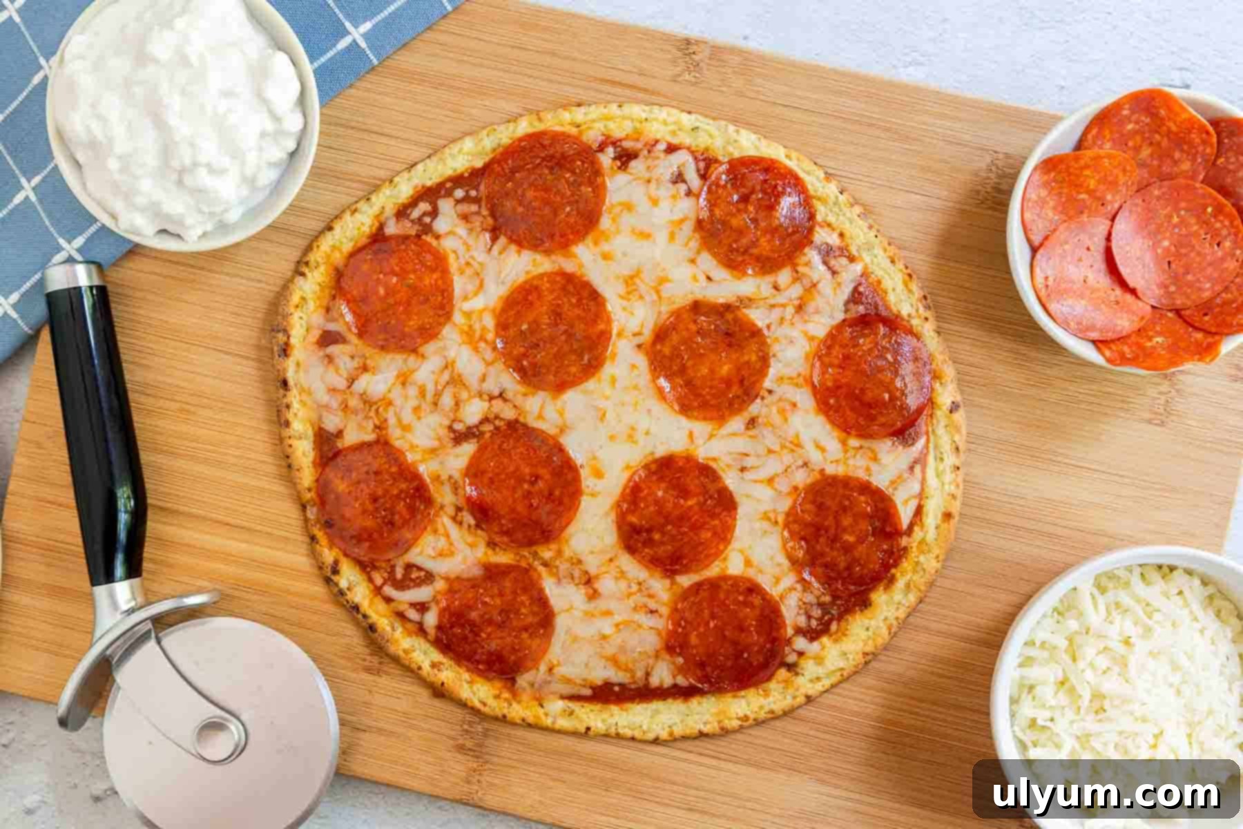 A whole pepperoni pizza with a cottage cheese crust on a rustic wooden board, accompanied by small bowls of ingredients.