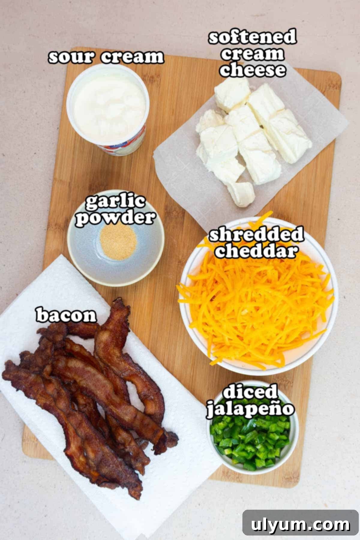 Overhead view of the main ingredients for crockpot jalapeño popper dip on a wooden board, including bacon, shredded cheddar, cream cheese, sour cream, diced jalapeños, and garlic powder, each labeled.