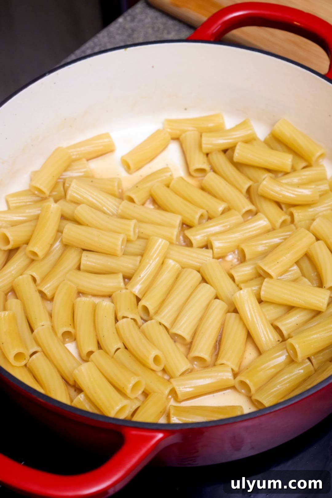 Uncooked rigatoni pasta added to the Dutch oven with chicken broth.
