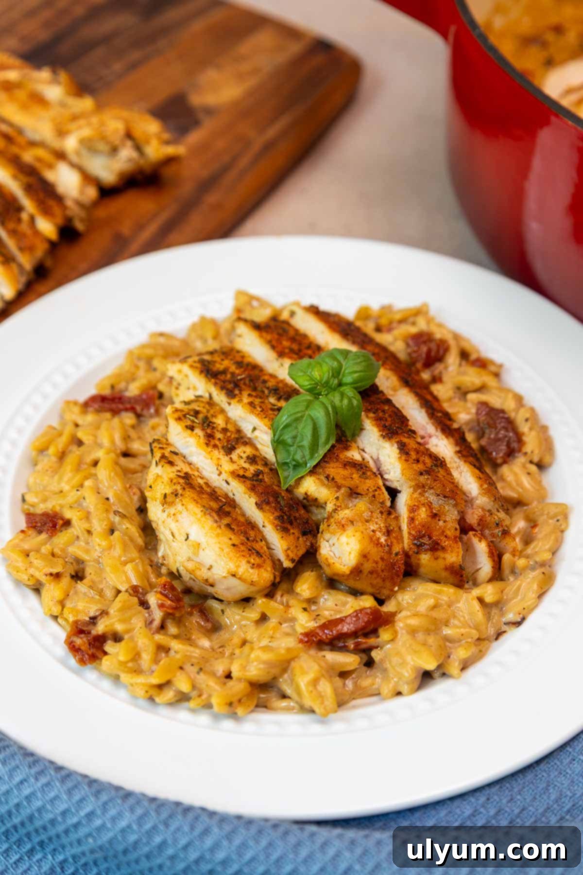 Sliced, seasoned chicken breast served over creamy sun-dried tomato orzo on a white plate, garnished with fresh basil.